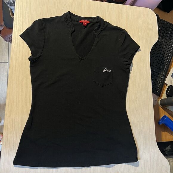 Womens Guess Black Marie Polo Pocket Tee Shirt S Y2K Style Embroidered Logo - Picture 7 of 10